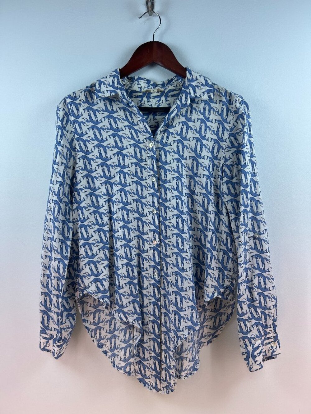Jane and Delancey Blue Fox Print Button Down Front-Tie Shirt Size S